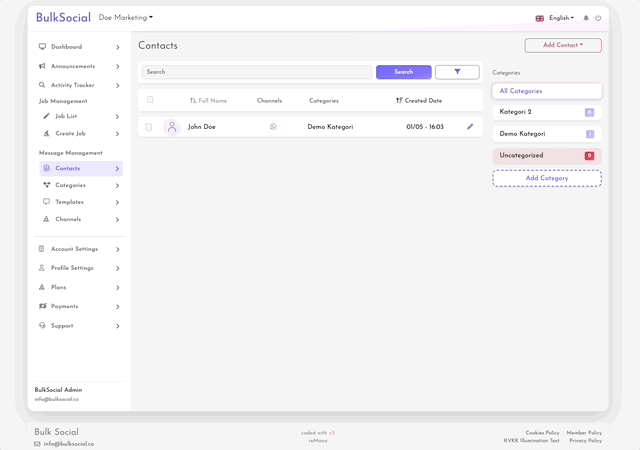 BulkSocial özellikler ve kullanım ekranı