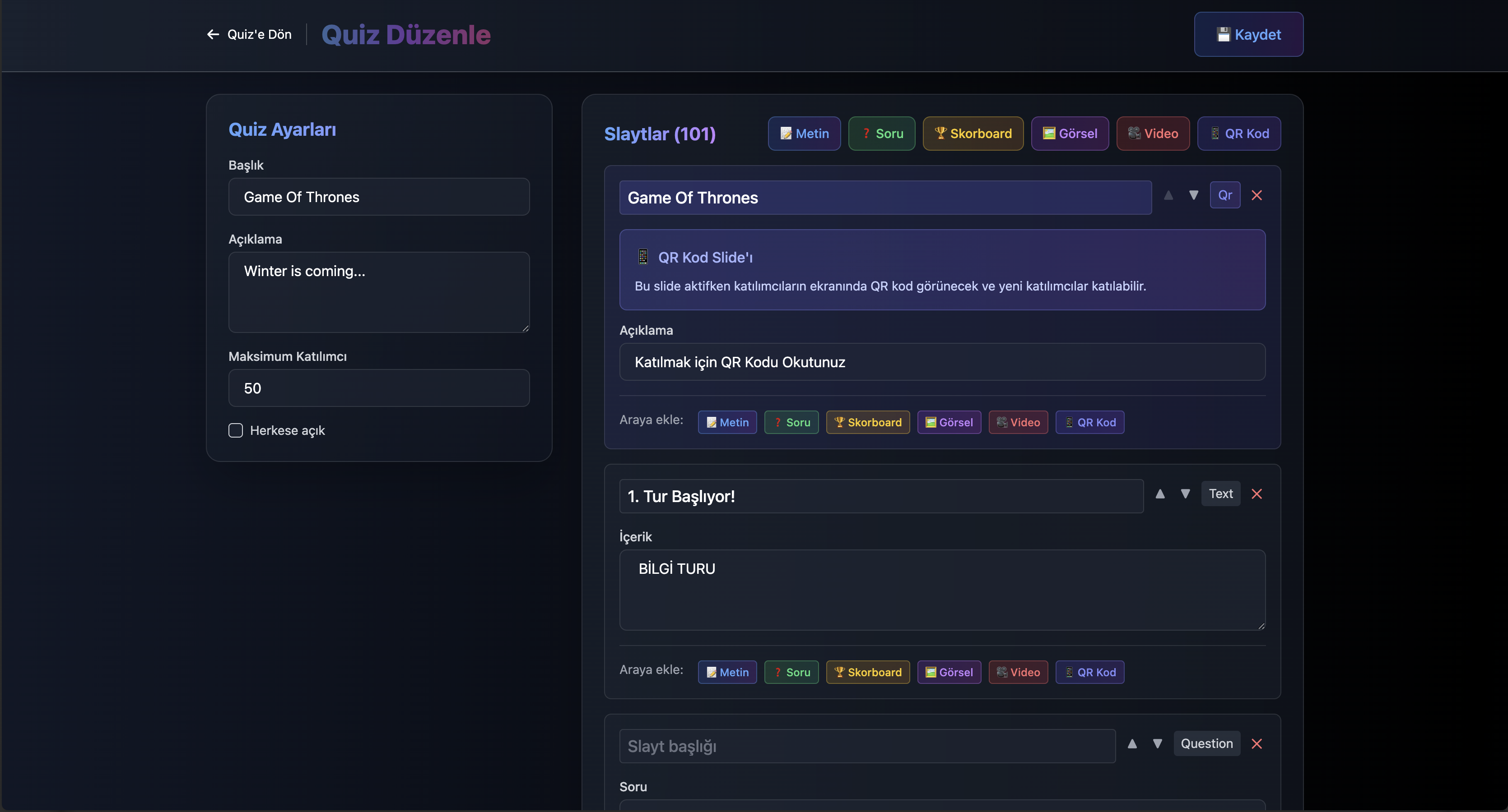 Quiz Night - Eğlenceli ve etkileşimli quiz platformu. Öğrencileriniz, çalışanlarınız veya etkinlik katılımcılarınızla gerçek zamanlı yarışmalar düzenleyin!