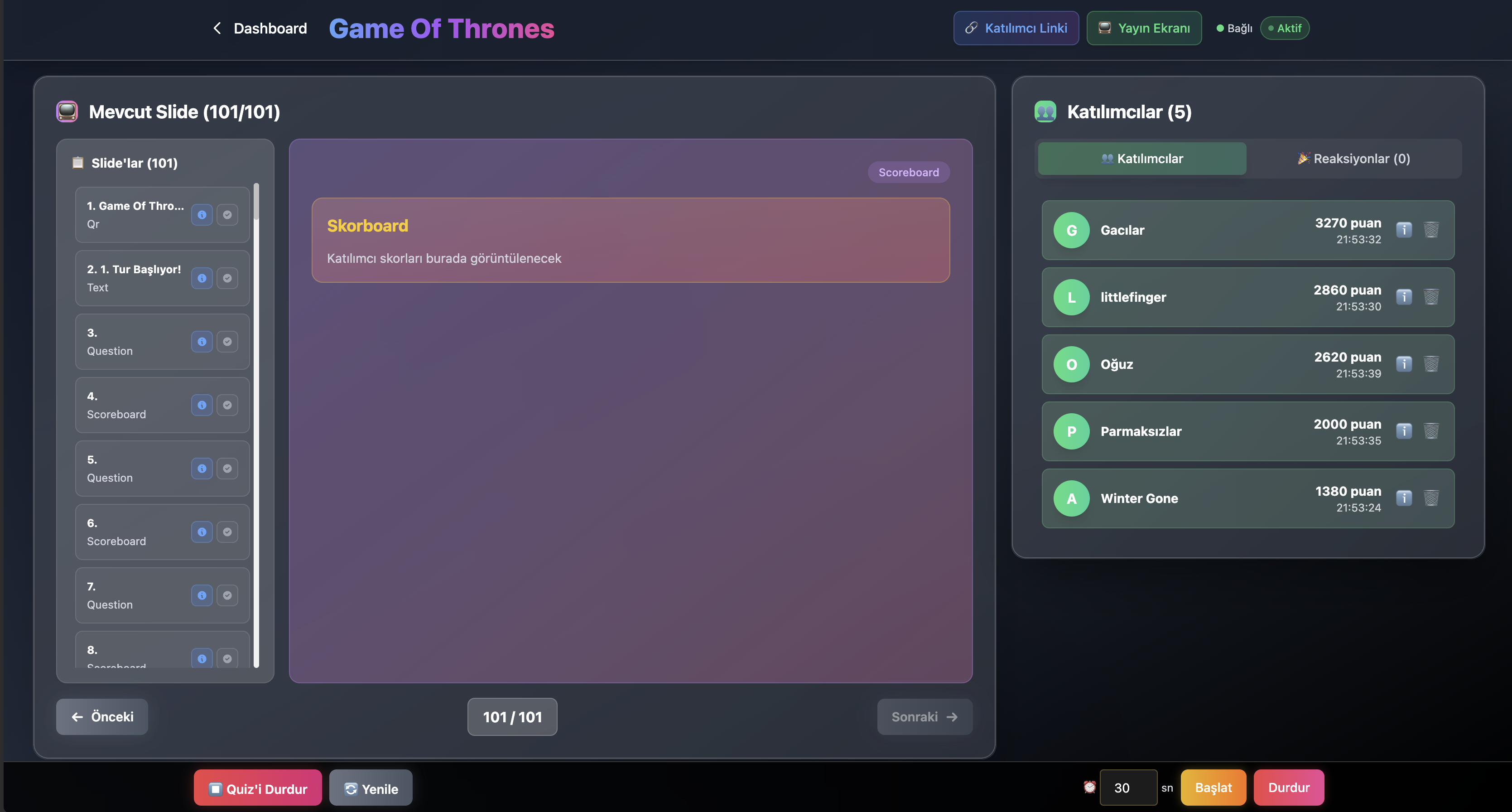 Quiz Night özellikler ve kullanım ekranı