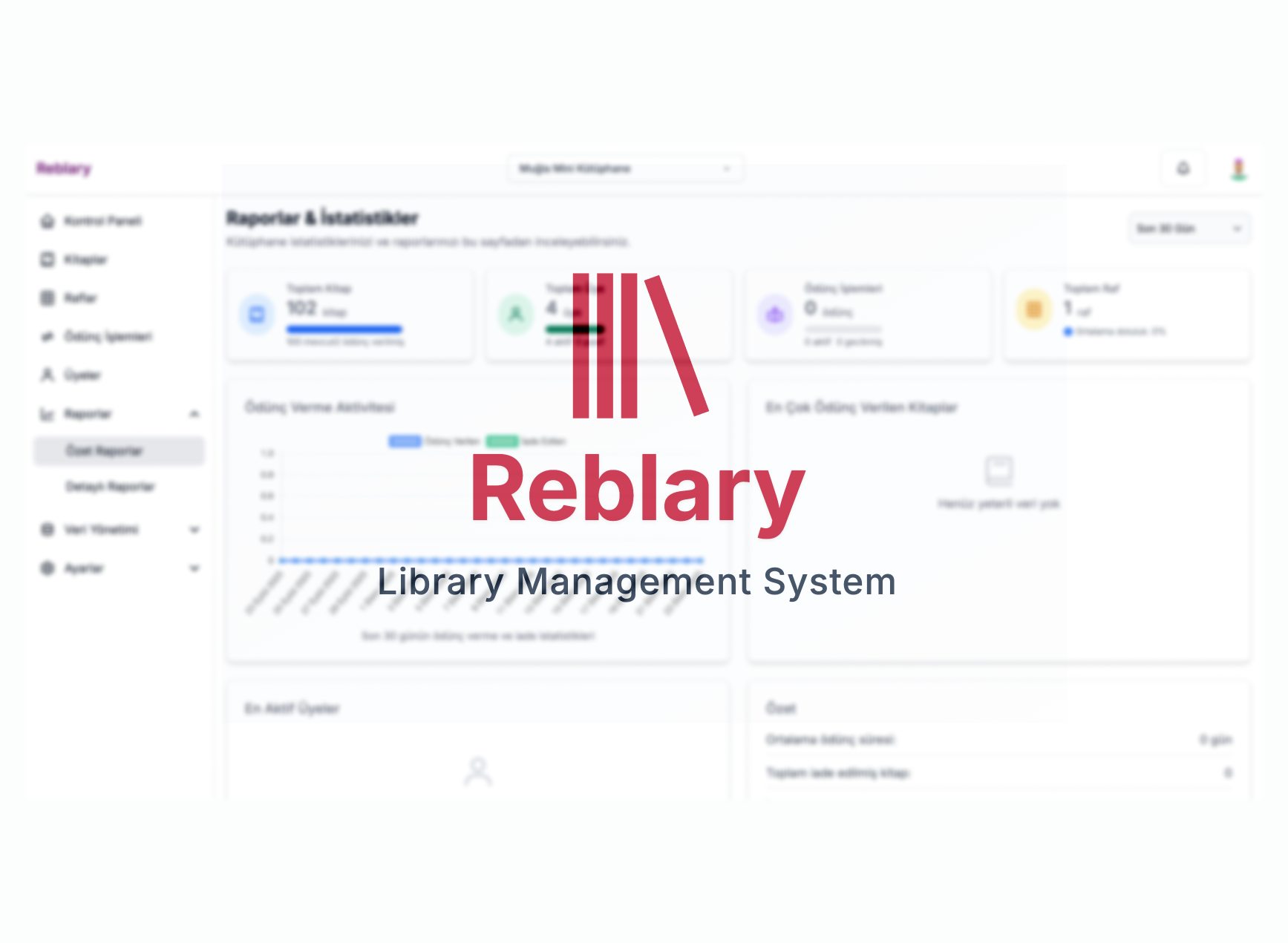 Reblary - Kütüphaneler için iç yönetim sistemi. Kitapları kataloglayın, üyeleri yönetin, ödünç verme işlemlerini takip edin.